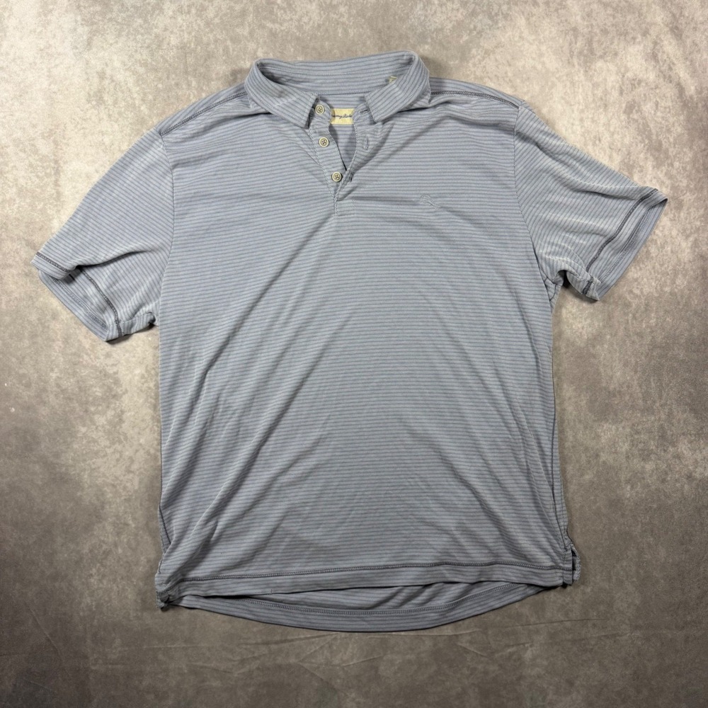 Tommy Bahama Mens L Blue White Striped Modal Blend Short Sleeve Golf Polo Shirt